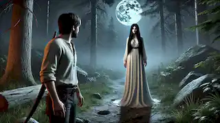 The Sayona first appears to Diego, standing in a moonlit forest with glowing eyes and a white dress.