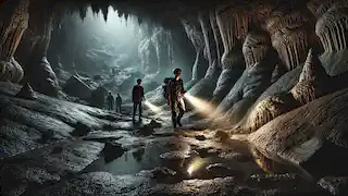  A mysterious cave interior with glowing pools, stalactites, and explorers stepping cautiously inside.