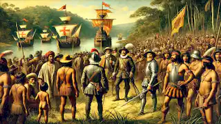 Spanish conquistadors disembarking in Guarani lands, with the Guarani watching from the forest, showing curiosity and caution.