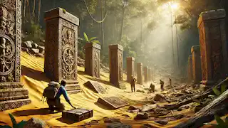 Explorers uncover ancient ruins on a mysterious island, with celestial carvings and golden sands amid lush vegetation.