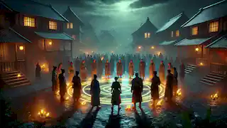 Leona and the village elders cast protective spells in the village square, glowing symbols lighting the dark night.