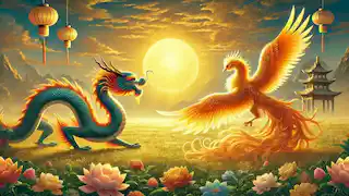 Jade Dragon and Golden Phoenix meet in a golden field, exchanging a curious gaze under the setting sun.