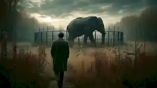 A man walks past an overgrown, abandoned elephant enclosure, reflecting on the unresolved mystery of the disappearance.