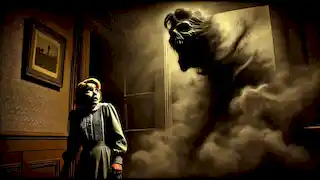 Lucy watches in terror from the doorway as a monstrous shadow engulfs Mrs. Skegg in a dark, swirling room.