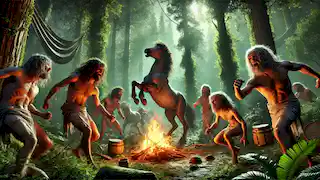 Centaurs revel in a Greek forest, drinking and dancing around a campfire under a moonlit sky.