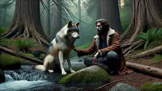 Eamon sits on a rock, gently resting his hand on the Lupine Wolf's fur as they share a serene moment in the forest.