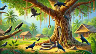 Crows drop a necklace into a snake's hole at the base of a banyan tree with a village in the background.