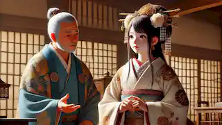 Kaguya-hime explaining to the Emperor why she cannot stay on Earth