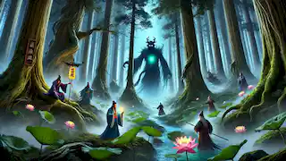 The Eight Immortals battling the shape-shifting demon Hun Kun in the misty Jade Forest.