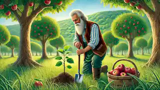 Johnny Appleseed's later years, continuing to plant apple trees and spread kindness.