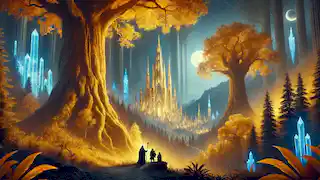 Travelers in a golden, glowing forest look in awe at the distant, illuminated city of Prester John at night.