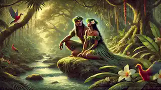 Kamapua'a and Leialoha sitting together in a peaceful Hawaiian forest, sharing a serene moment.