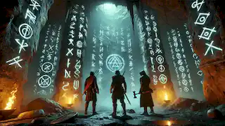 Inside the Cave of Echoes, the brothers confront glowing runes and shifting shadows with courage and curiosity.