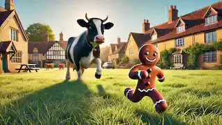 The gingerbread man running across a sunny village field, chased by a large, hungry cow.