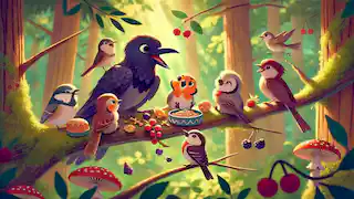 Riley and friends laugh and share a meal of berries and seeds on a branch in the sunny forest.