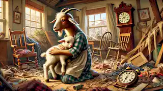 Mother Goat discovers the youngest kid hiding in the clock, the house in disarray after the wolf's attack.