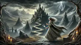 The princess, carrying magical objects, approaches a dark castle under stormy skies in a desolate landscape.