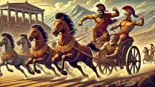 Pelops and King Oenomaus racing in chariots in ancient Greece, with a fierce competition between them.