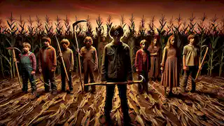 A group of eerie children holding sickles and scythes stand in front of cornfields at sunset, led by a teenage boy.