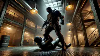 A vigilante being overpowered by a large figure in an industrial setting with dim lighting.