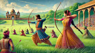 Naravahanadatta and Princess Padmavati engaged in an intense archery contest in a lush meadow.