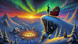 The Grinch on Mount Crumpit at dawn, looking down at singing Whos in Whoville as his sleigh teeters on the edge.