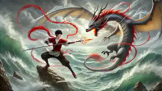 Nezha battles Ao Bing at the seaside with his spear, while Ao Bing transforms into his dragon form.