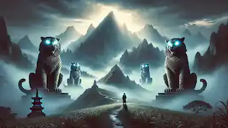 Three glowing tiger statues guard the sacred mountain plateau as the farmer faces his divine trial.