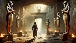 Akhen kneels before the gods as Anubis presents his heart for the Weighing of the Heart in the Hall of Two Truths.