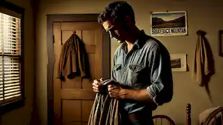 Ennis standing in a quiet room, holding Jack’s old shirt, lost in memories.