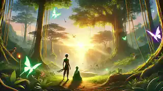 Renkor and Lyra stand at the jungle's edge at sunrise, their colors peaceful as they gaze at the jungle’s heart.