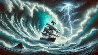  A ship is caught in a violent storm, with towering waves and lightning in the Bermuda Triangle.