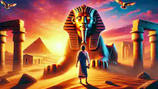 Philon confronts the Sphinx in the desert, answering its riddle as the sun sets over distant pyramids