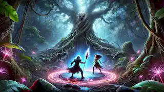 Maia confronts a shadowy figure at a glowing crystalline pool under an ancient ceiba tree in the Enchanted Amazon.