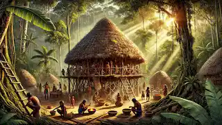 Yanomami village with a traditional shabono, people engaged in daily activities, surrounded by jungle