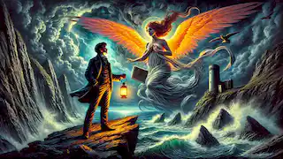 The poet with a lantern confronts the winged Harpy on stormy Irish cliffs as waves crash below.