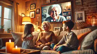 Children share the story of the Invisible String with their grandmother on a video call.