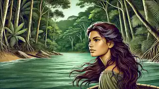 Yara with brown hair and brown eyes, being lured to the river by her jealous brothers in the dense Amazon forest.