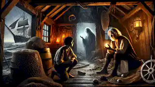 A broken man, Lorcan, in a dim cabin with the poet holding a glowing pearl, while the Harpy watches through the window.