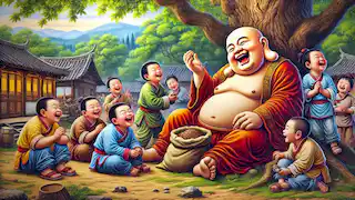 The Laughing Buddha sitting under a tree surrounded by children as he pulls a toy from his sack.