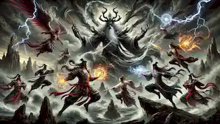 The Eight Immortals battling the Demon King in a chaotic scene with swirling clouds, fire, and lightning.