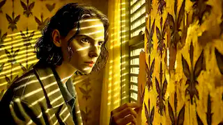 The woman intensely studies the peeling yellow wallpaper, her face showing concern and obsession.