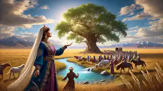 Zhanar, a Kazakh healer, leads her tribe to the Borik tree by a sparkling spring in a vast, sunny grassland.