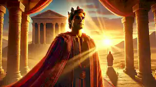 King Rostam emerges from the temple at sunrise, bathed in golden light, symbolizing a new beginning and inner peace.