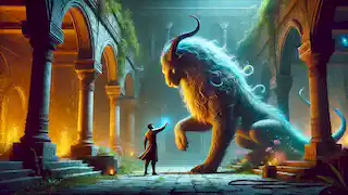  Rostam reaches out to a large mythical beast in a castle courtyard, showing courage and calm.