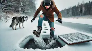 The man steps into icy water hidden beneath snow, while the husky watches nearby, snow-covered landscape around.