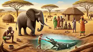 The Elephant and Crocodile helping villagers by providing water and teaching fishing techniques.