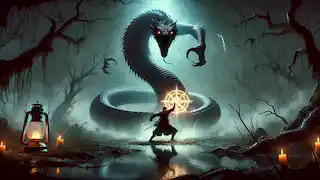 A farmer wields a glowing talisman to fight a giant black serpent spirit in a shadowy marshland.