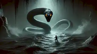  Li faces a giant eel in the shadowy depths of the river, narrowly dodging its attack in a tense moment.