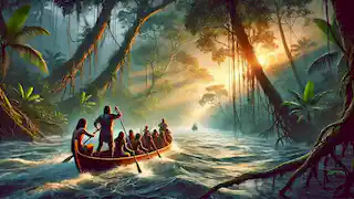 Ana and villagers paddle their canoe through the dense Amazon jungle at dawn, determined on their journey to break the curse.